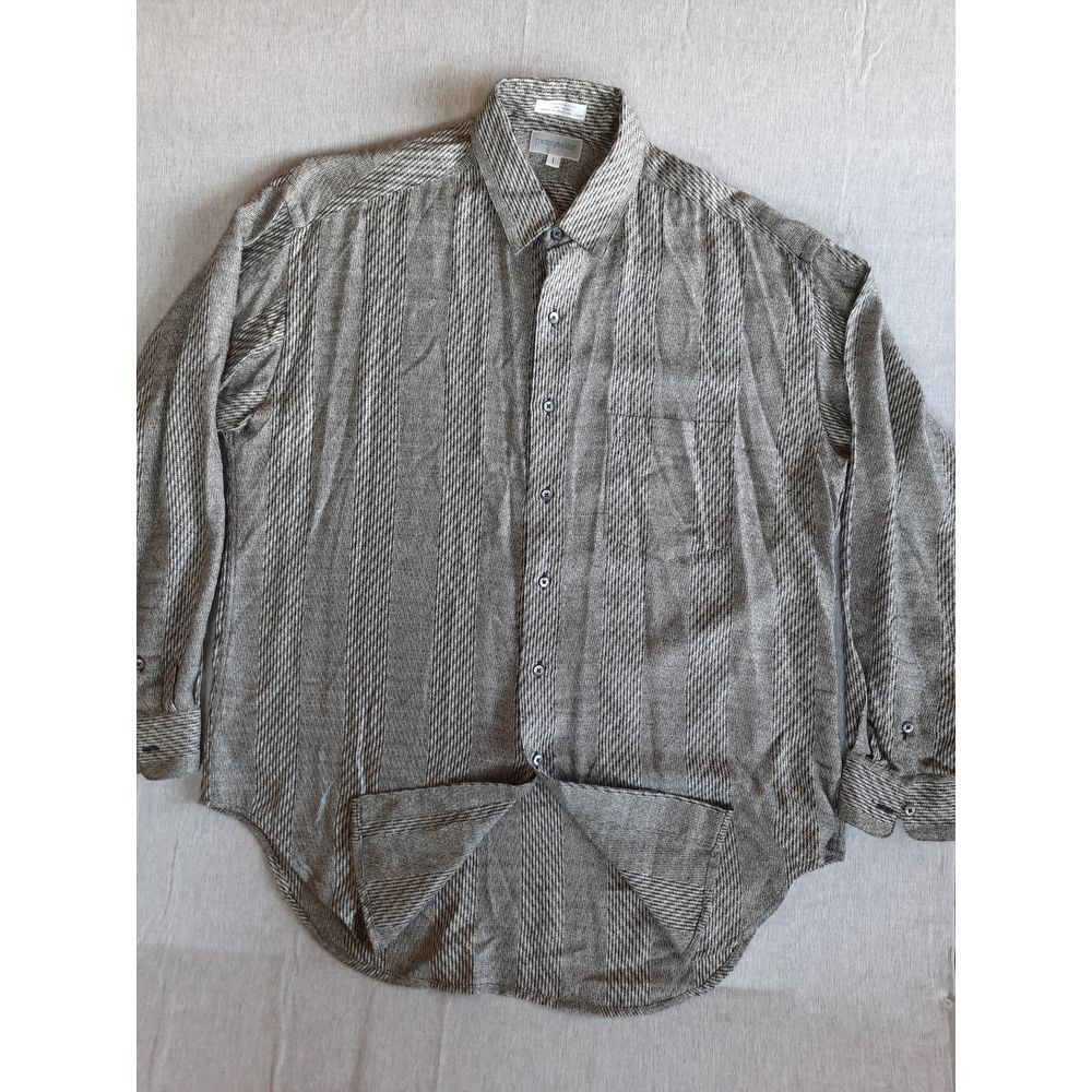 Vntg Metropolitan Men Large Herringbone Button Shirt Gray Long Sleeve Pure Rayon